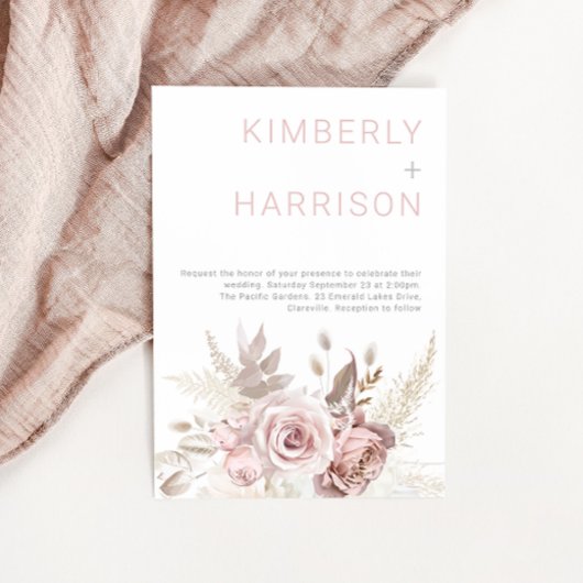 Blush Dreams: Moderne Boho Blush Rose Hochzeit Einladung