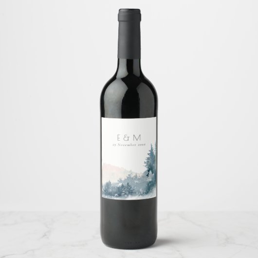 BLUSH DUSKY BLUE BERGE PINE MONOGRAM WEDING WEINETIKETT (Vorderseite)