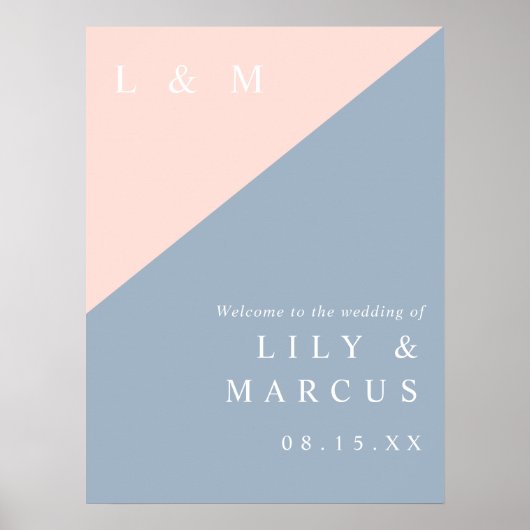 Blush Dusty Blue Elegante Hochzeit Begrüßungszeich Poster (Vorne)