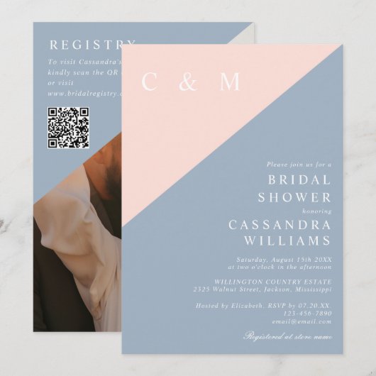 Blush Dusty Blue Foto QR Code Brautparty Einladung (Vorne/Hinten)