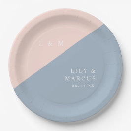Blush Dusty Blue Moderne elegante Monogram Wedding Pappteller