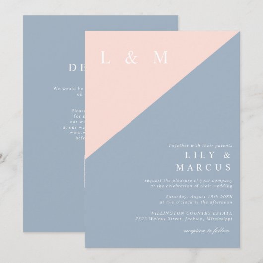 Blush Dusty Blue Simple Elegant Wedding QR Code Einladung (Vorne/Hinten)