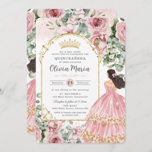 Blush Dusty Pink Blumenkleid Quinceañera Sweet 16 Einladung (Vorne/Hinten)