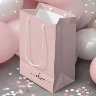 Blush Dusty Pink Modern Script Girl Monogram Name Mittlere Geschenktüte
