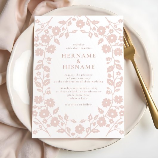 Blush Dusty Pink Simple Modern Folk Floral Wedding Einladung