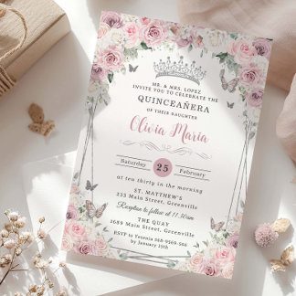 Blush Dusty Pink Weiße Blüte Silber Quinceañera Einladung