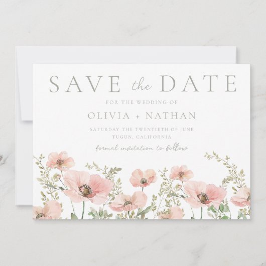 Blush & Dusty Pink Wildblumen Wasserfarbenprägung Save The Date (Vorderseite)