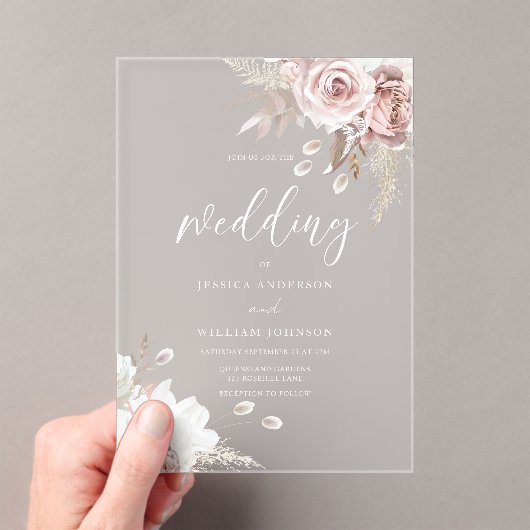 Blush & Dusty Rose Floral Wedding Frosted Acryleinladungen (Insitu (Handheld))