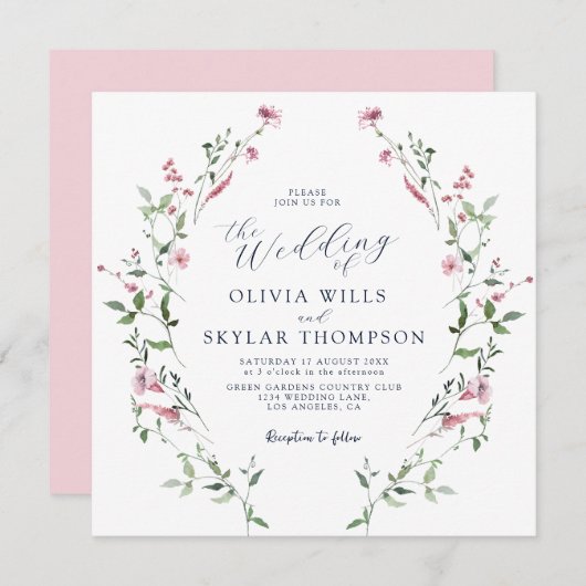 Blush Dusty Rose Wild Blume Garden Boho Wedding Einladung (Vorne/Hinten)