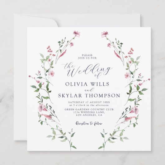 Blush Dusty Rose Wild Blume Garden Boho Wedding Einladung (Vorderseite)