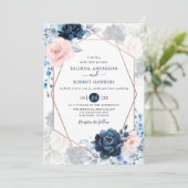 Blush Dusty und Navy Blush Pink Blues Hochzeit Einladung (Stehend Vorderseite)
