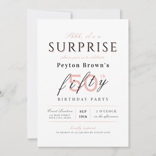 Blush elegante, moderne, klassische Überraschung 5 Einladung (Vorderseite)