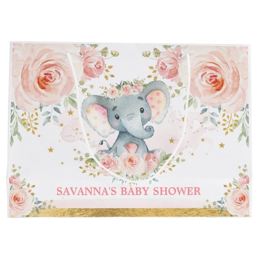 Blush Elephant Bloral Baby Dusche Große Geschenktüte (Rückseite)