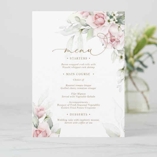 Blush & Eukalyptus Floral Wedding Menu Menükarte (Stehend Vorderseite)
