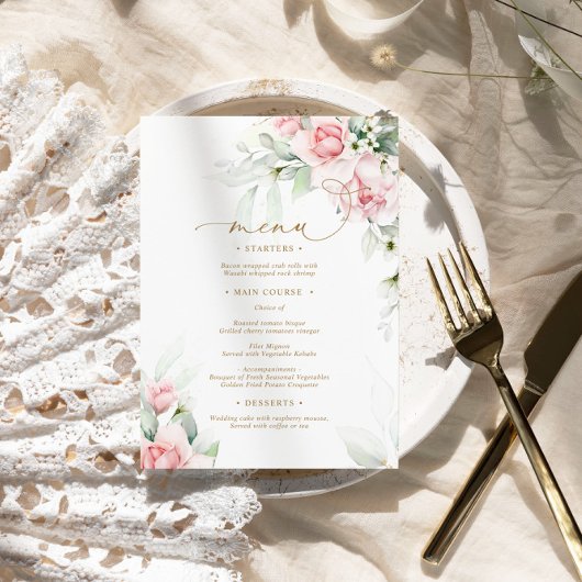 Blush & Eukalyptus Floral Wedding Menu Menükarte