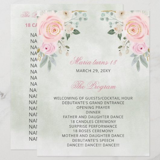 Blush Floral 18 Kerzen und Rose Zeremonie Programm (Vorne/Hinten)