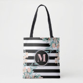 Blush Floral auf Schwarz-Weiß-Streifen Monogramm Tasche (Vorderseite)