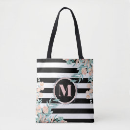 Blush Floral auf Schwarz-Weiß-Streifen Monogramm Tasche