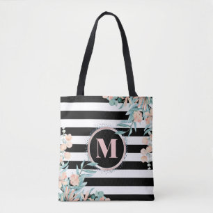 Blush Floral auf Schwarz-Weiß-Streifen Monogramm Tasche