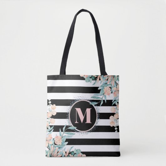 Blush Floral auf Schwarz-Weiß-Streifen Monogramm Tasche (Vorderseite)