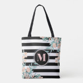 Blush Floral auf Schwarz-Weiß-Streifen Monogramm Tasche (Rückseite)