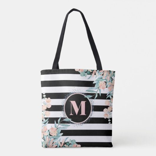 Blush Floral auf Schwarz-Weiß-Streifen Monogramm Tasche (Rückseite)