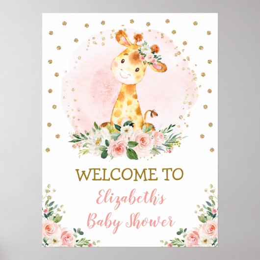 Blush Floral Baby Giraffe Safari Wild One Willkomm Poster (Vorne)