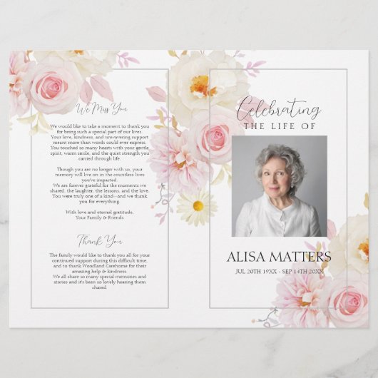 Blush Floral Beerdigung Programm Feiern das Leben Flyer (Vorne)