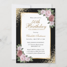 Blush Floral Black Gold Confetti 50. Geburtstag Einladung