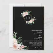 Blush Floral Black Monogram Foto Wedding Einladung (Vorderseite)