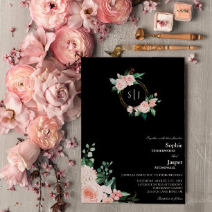 Blush Floral Black Monogram Weditation Einladung