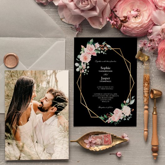 Blush Floral Black Simple Foto Wedding Einladung