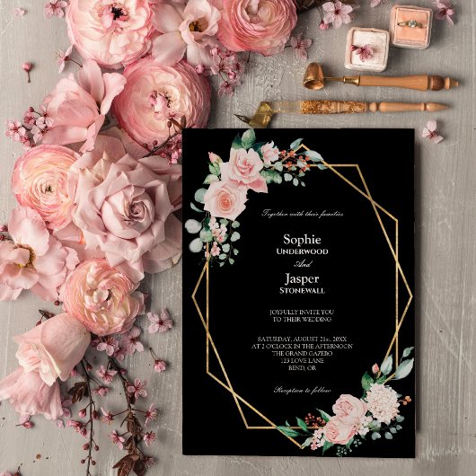 Blush Floral Black Simple Wedding Einladung