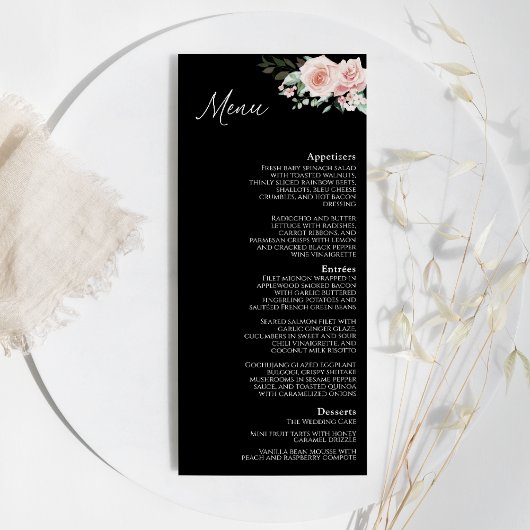 Blush Floral Black Wedding Flat Menu Menükarte