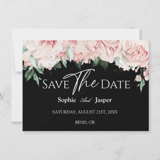 Blush Floral Black Wedding Flat Save the Date (Vorderseite)