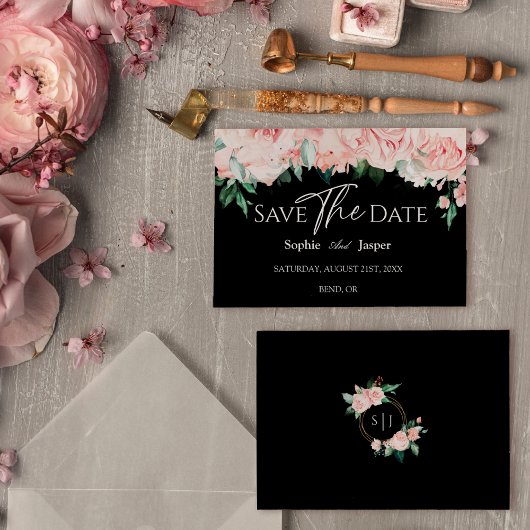 Blush Floral Black Wedding Flat Save the Date