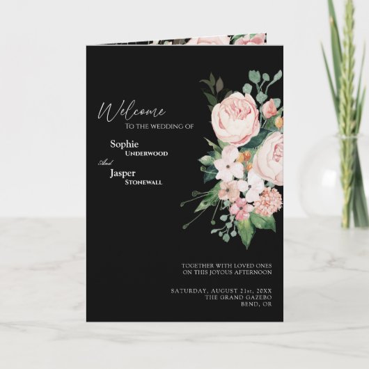 Blush Floral Black Wedding Folding Programm (Vorderseite)