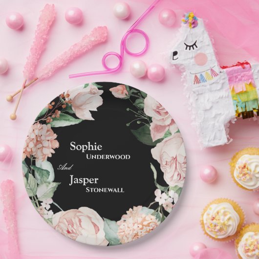 Blush Floral Black Wedding Pappteller (Party)