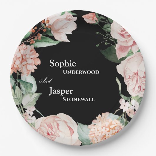 Blush Floral Black Wedding Pappteller (Vorderseite)