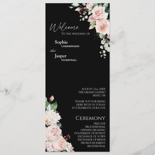 Blush Floral Black Wedding Programm (Vorderseite)