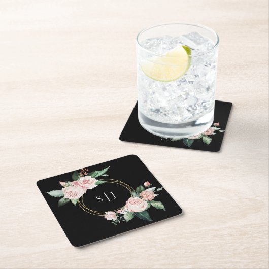 Blush Floral Black Wedgram Rechteckiger Pappuntersetzer (Vor Ort)