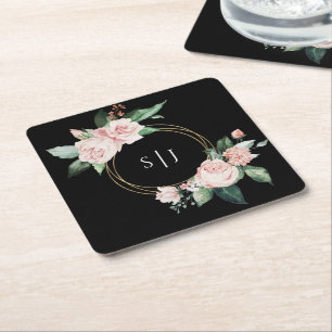 Blush Floral Black Wedgram Rechteckiger Pappuntersetzer