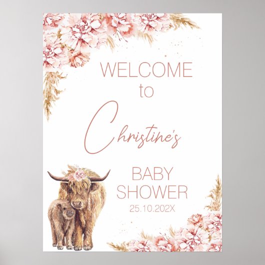 Blush Floral Boho Highland Kuh Calf Baby Dusche Poster (Vorne)