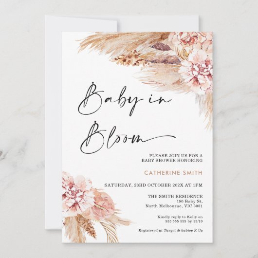 Blush Floral Boho Pampas Grass Baby in Blüte Einladung (Vorderseite)