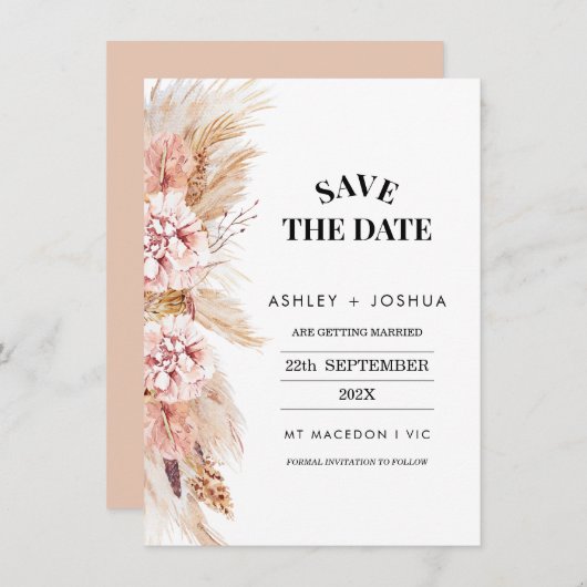 Blush Floral Boho Pampas Grass Save the Date Karte (Vorne/Hinten)