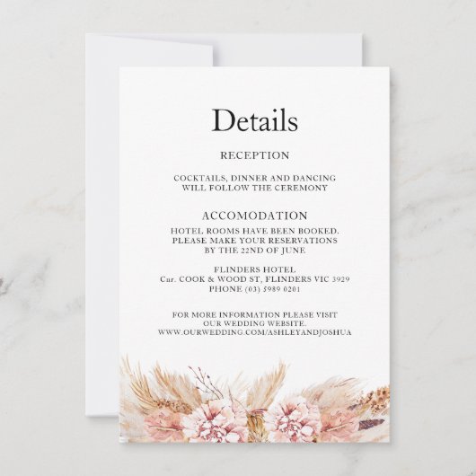 Blush Floral Boho Pampas Wedding Details Card Einladung (Vorderseite)