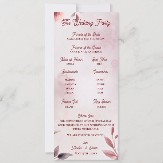 Blush Floral Botanical Wedding Ceremony Program Einladung (Rückseite)