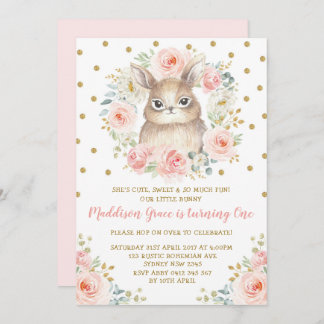 Blush Floral Bunny Rabbit 1. Geburtstag Pink Gold Einladung