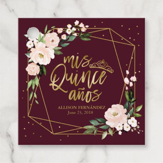 Blush Floral Burgundy Quinceanera Geschenkanhänger (Vorderseite)