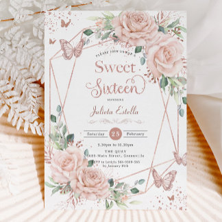 Blush Floral Butterfets Rose Gold 16 . Geburtstag Einladung